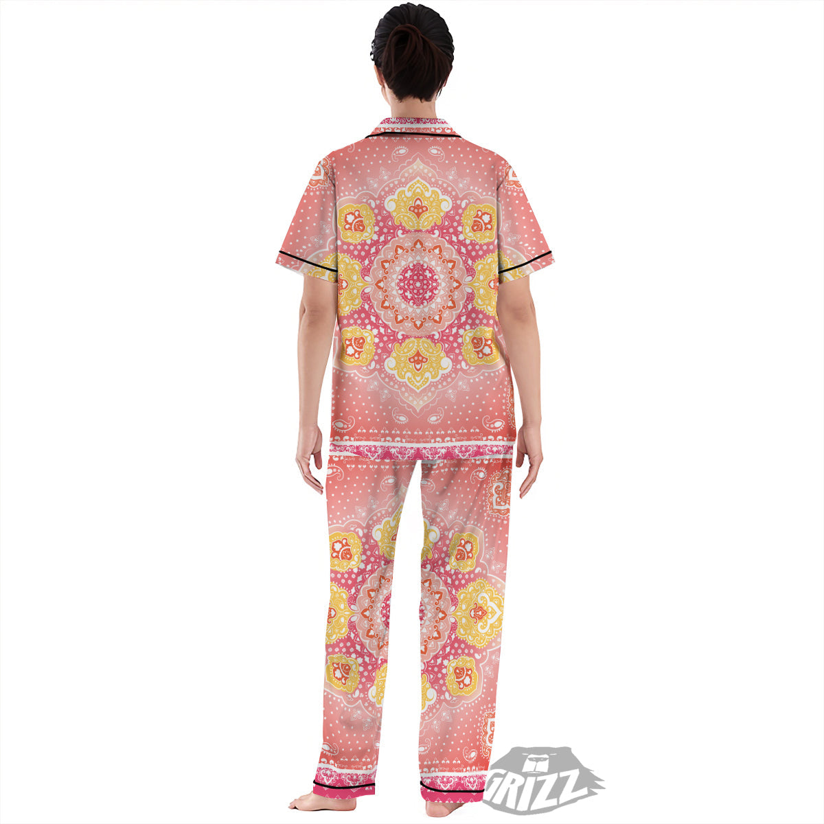 Indian Paisley Bandana Pink Print Women's Pajamas Set-grizzshop