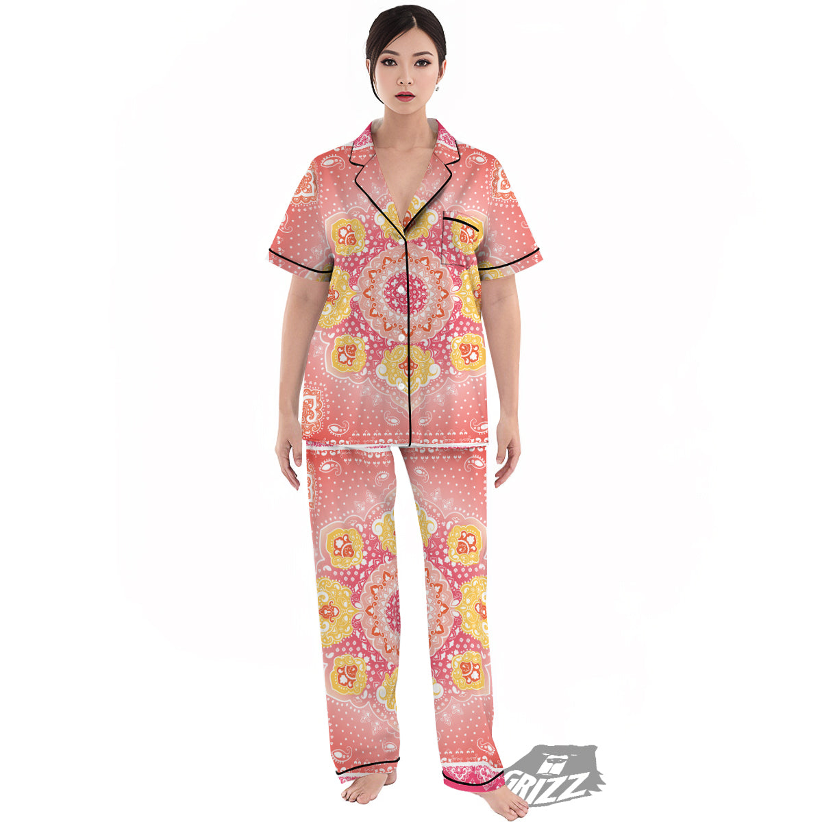 Indian Paisley Bandana Pink Print Women's Pajamas Set-grizzshop