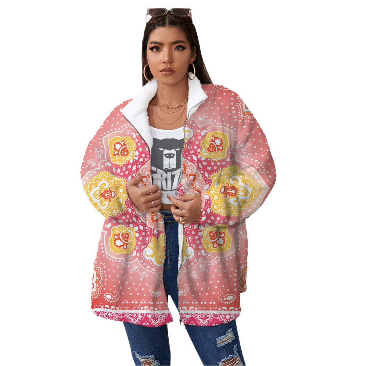 Indian Paisley Bandana Pink Print Women's Sherpa Jacket-grizzshop