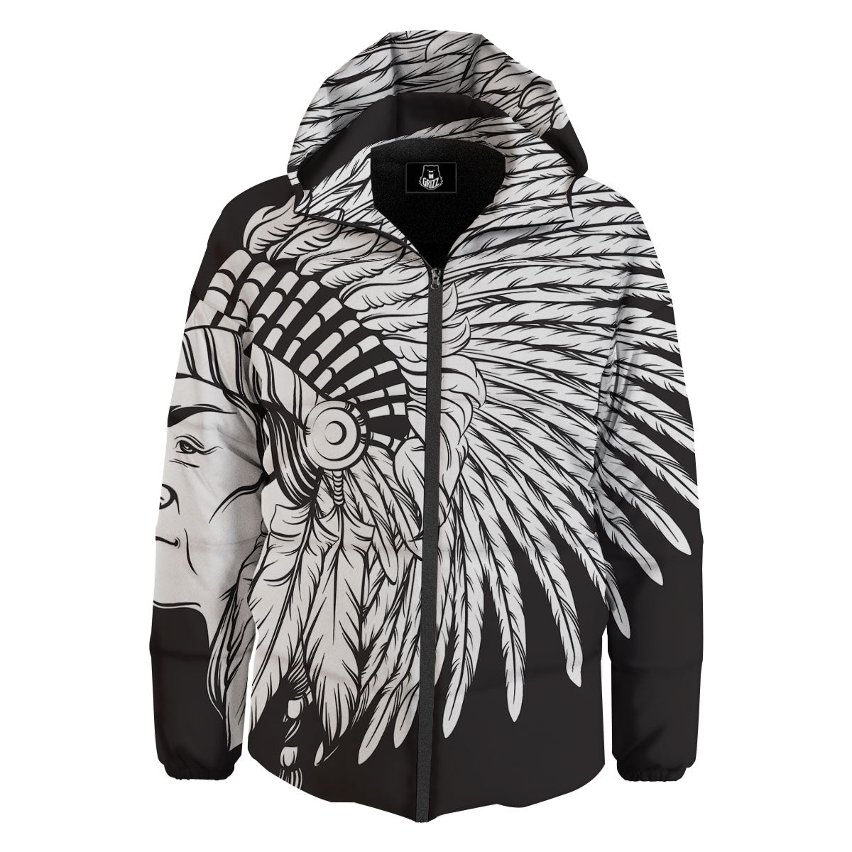 Indian Portrait Monochrome Native Print Down Jacket-grizzshop