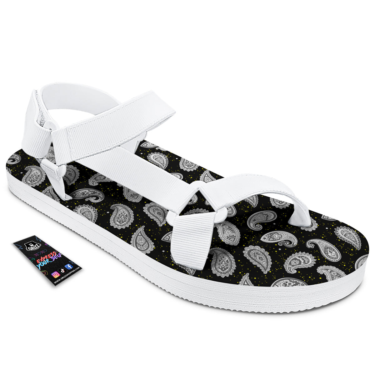 Indian Rug Tribal And Yellow Star Print Pattern White Open Toe Sandals-grizzshop