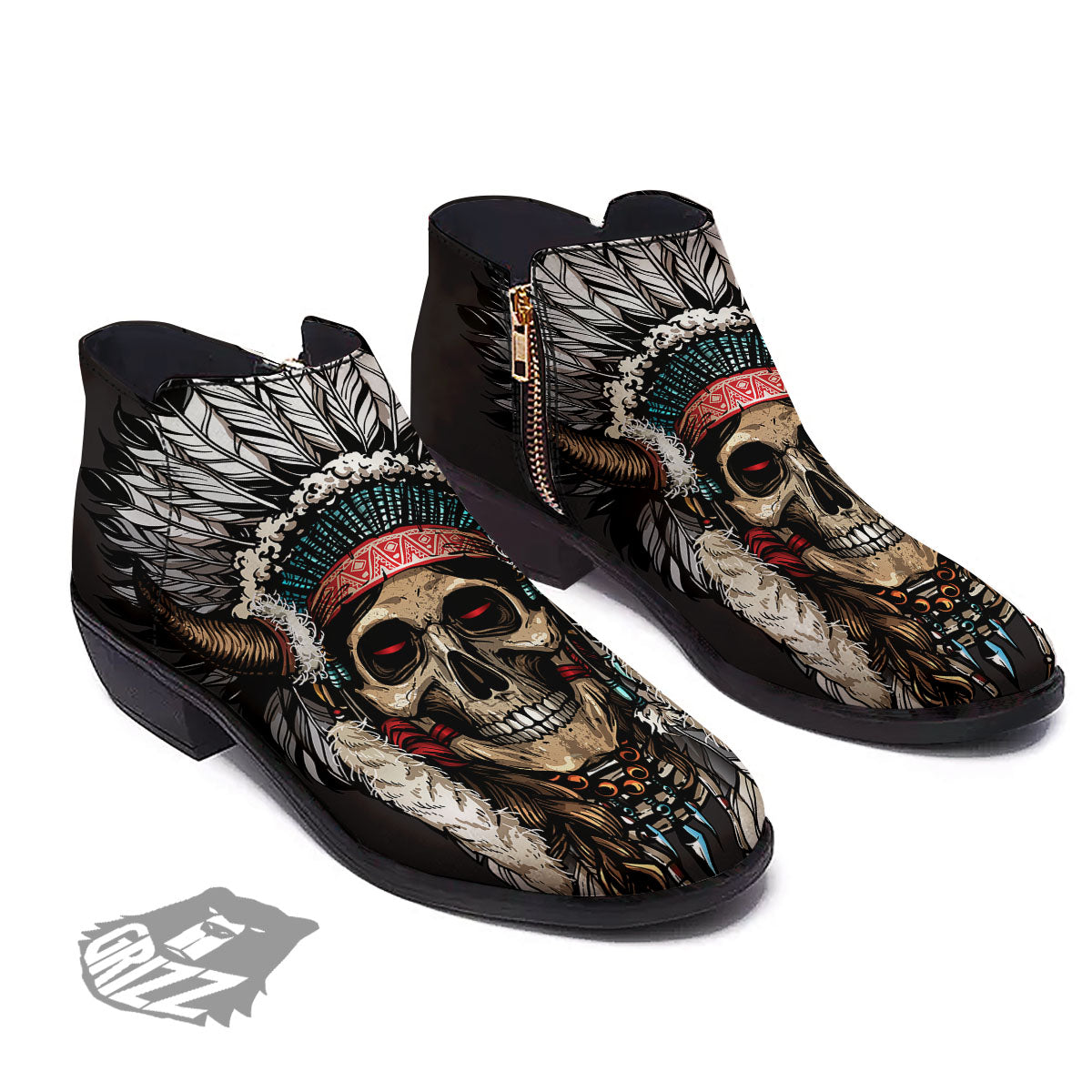 Indian Skull Native American Print Ankle Boots-grizzshop