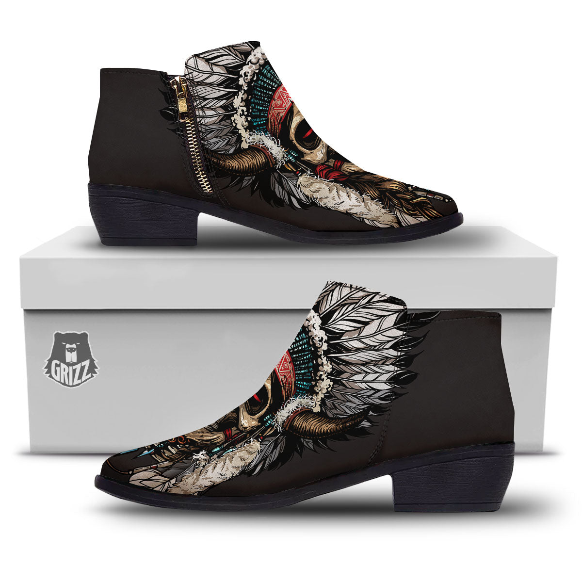 Indian Skull Native American Print Ankle Boots-grizzshop