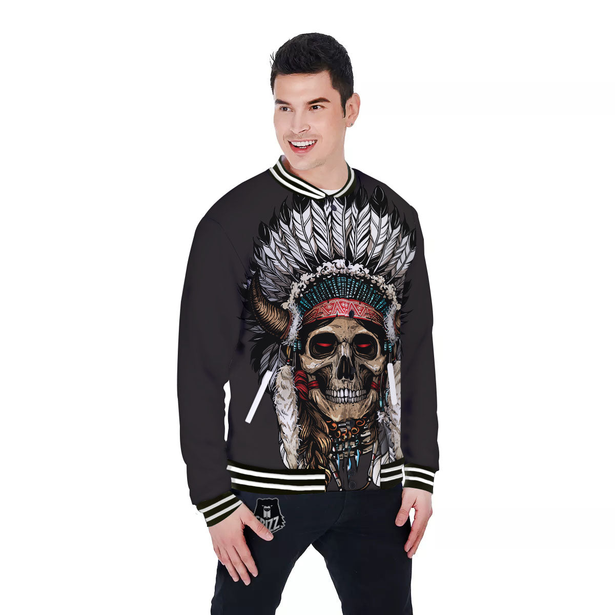 Indian Skull Native American Print Baseball Jacket-grizzshop
