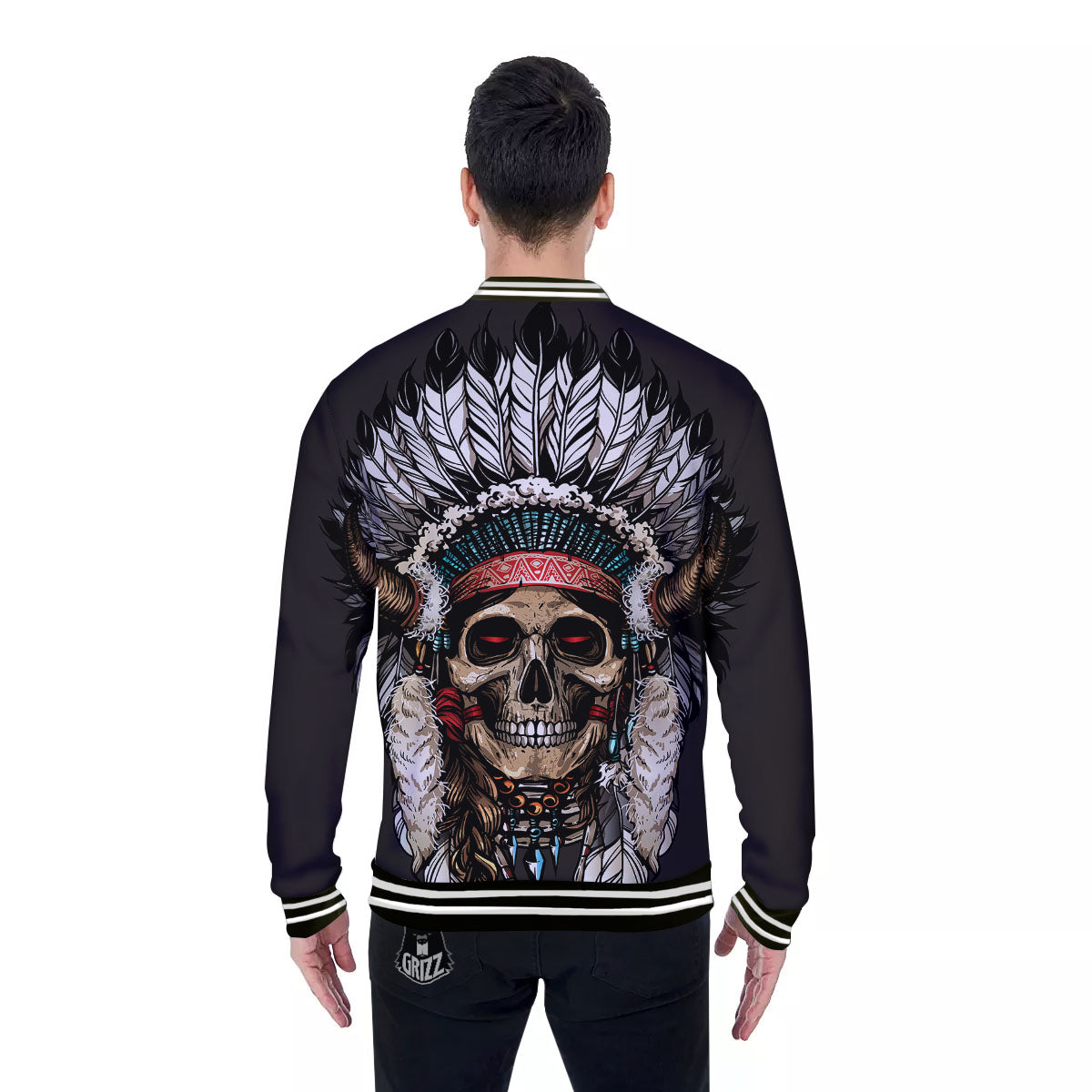 Indian Skull Native American Print Baseball Jacket-grizzshop