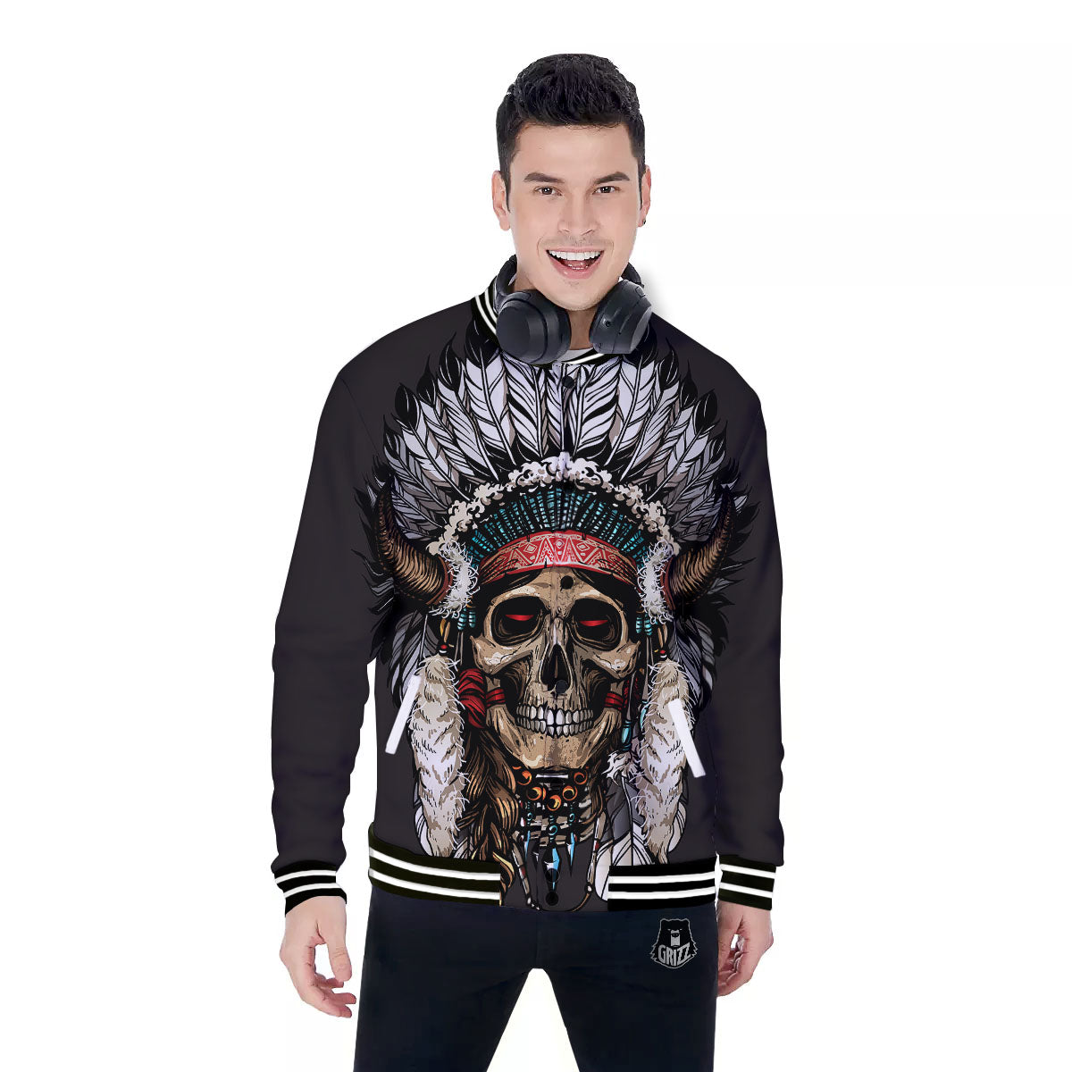 Indian Skull Native American Print Baseball Jacket-grizzshop