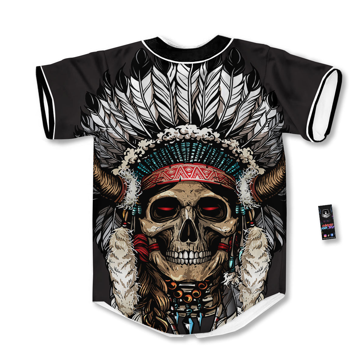 Indian Skull Native American Print Baseball Jersey-grizzshop