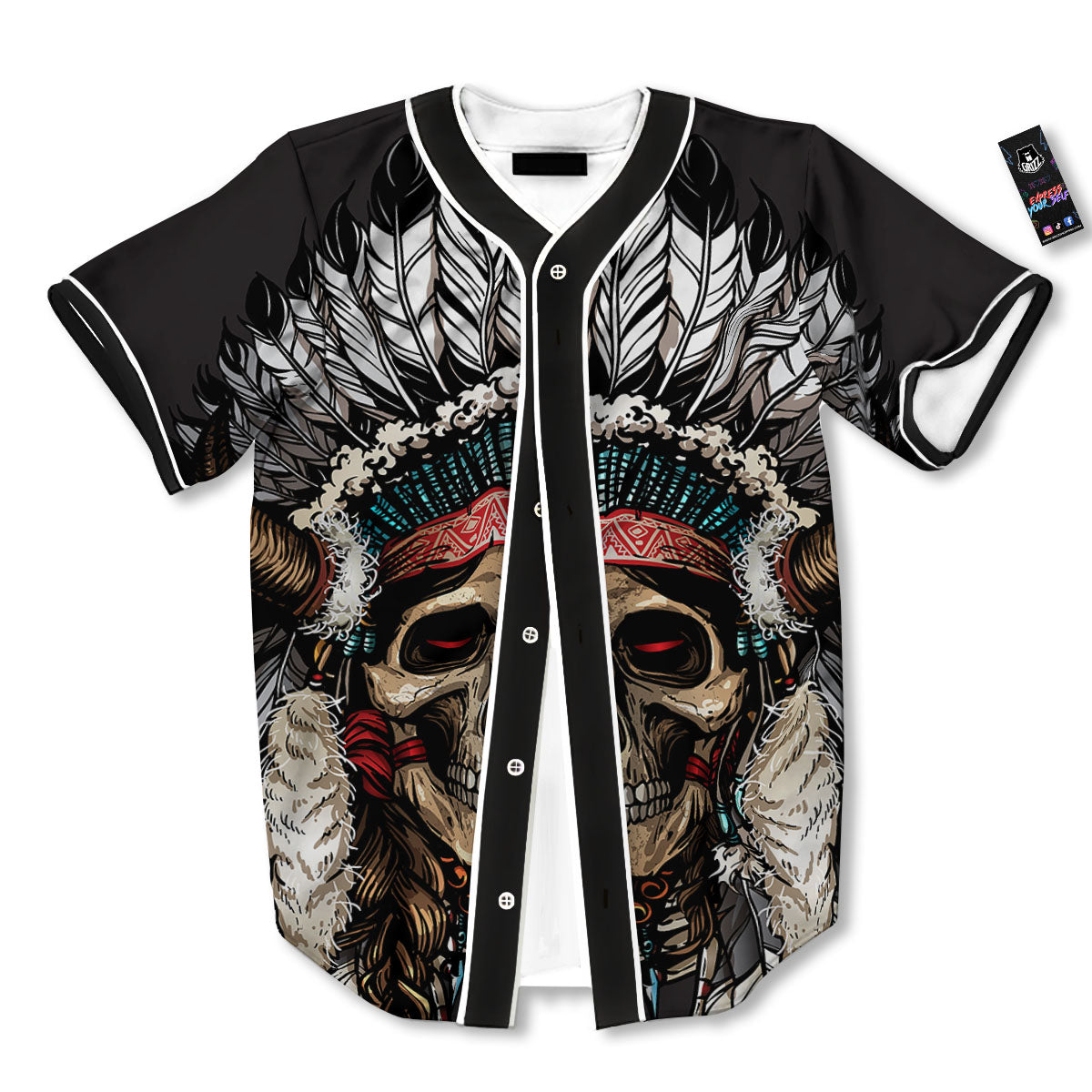 Indian Skull Native American Print Baseball Jersey-grizzshop