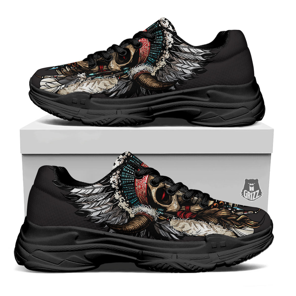 Indian Skull Native American Print Black Chunky Shoes-grizzshop