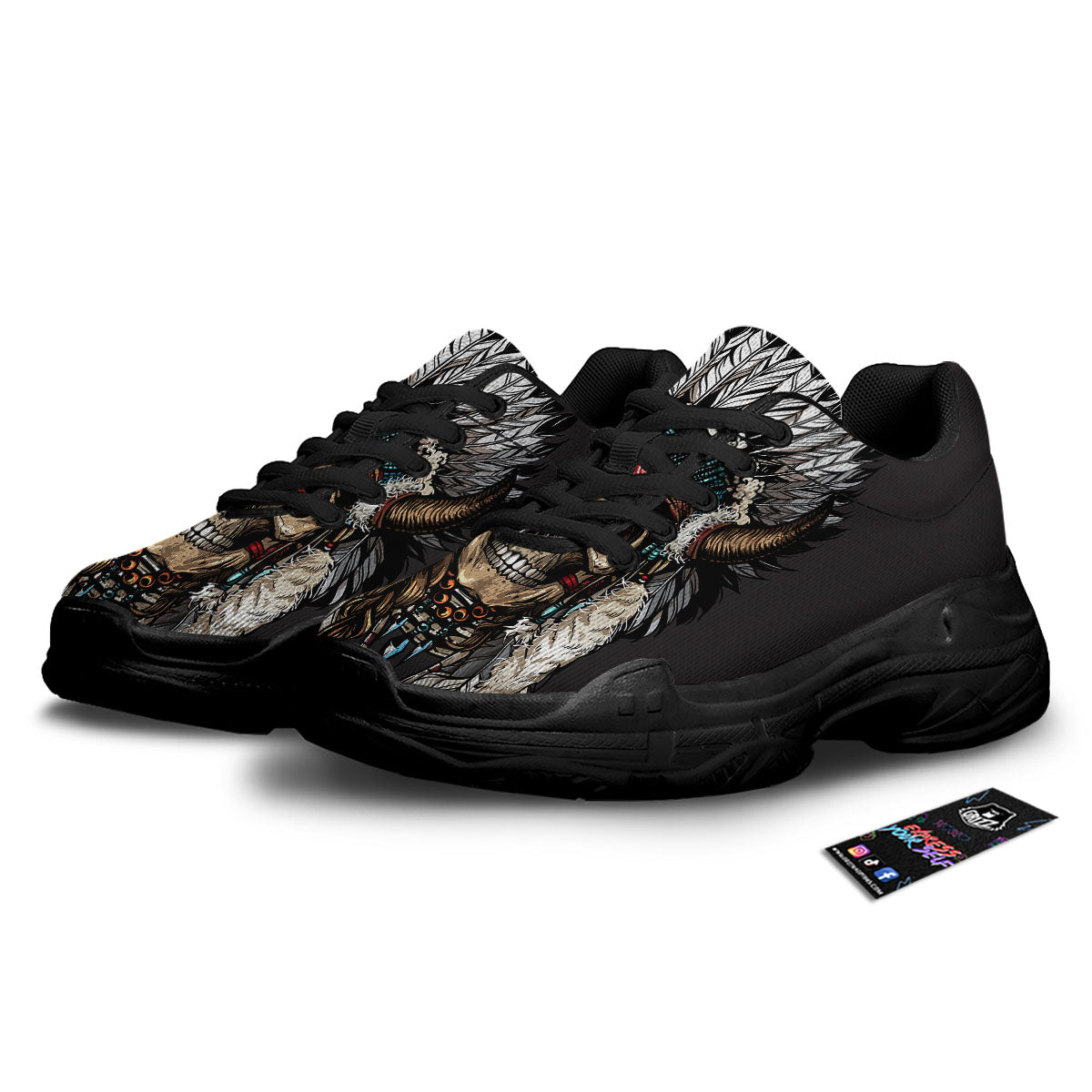 Indian Skull Native American Print Black Chunky Shoes-grizzshop