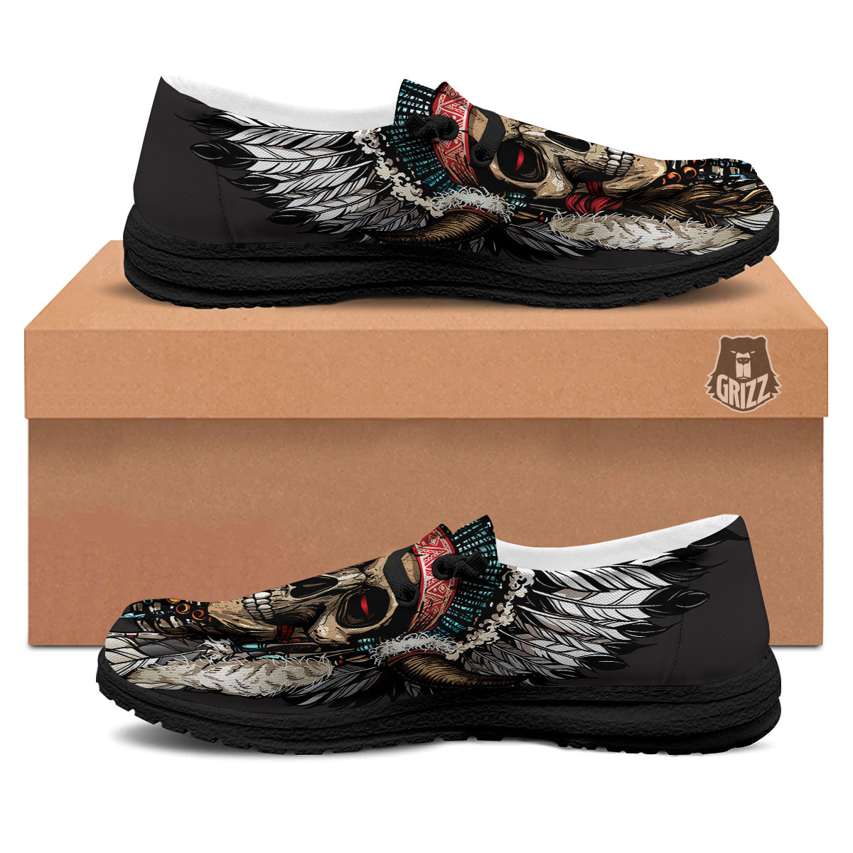 Indian Skull Native American Print Black Loafers-grizzshop