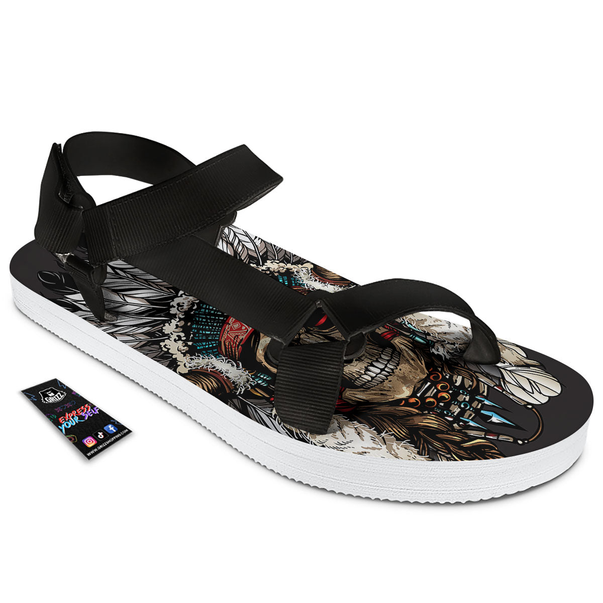 Indian Skull Native American Print Black Open Toe Sandals-grizzshop