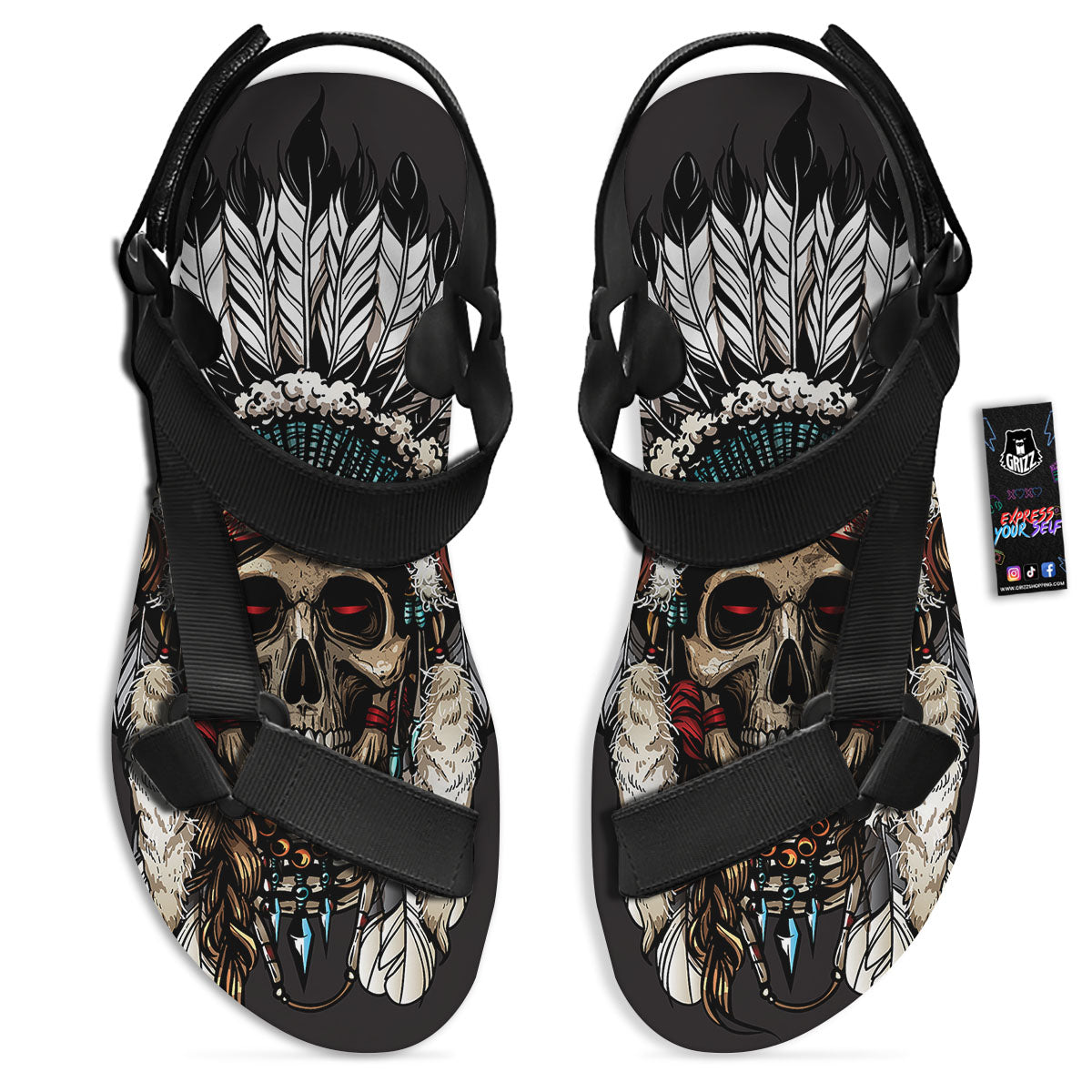 Indian Skull Native American Print Black Open Toe Sandals-grizzshop