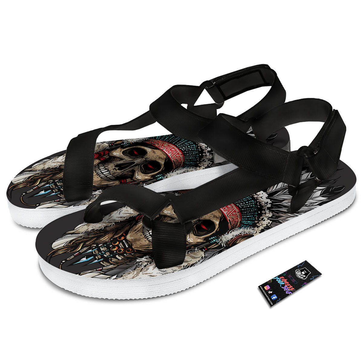 Indian Skull Native American Print Black Open Toe Sandals-grizzshop