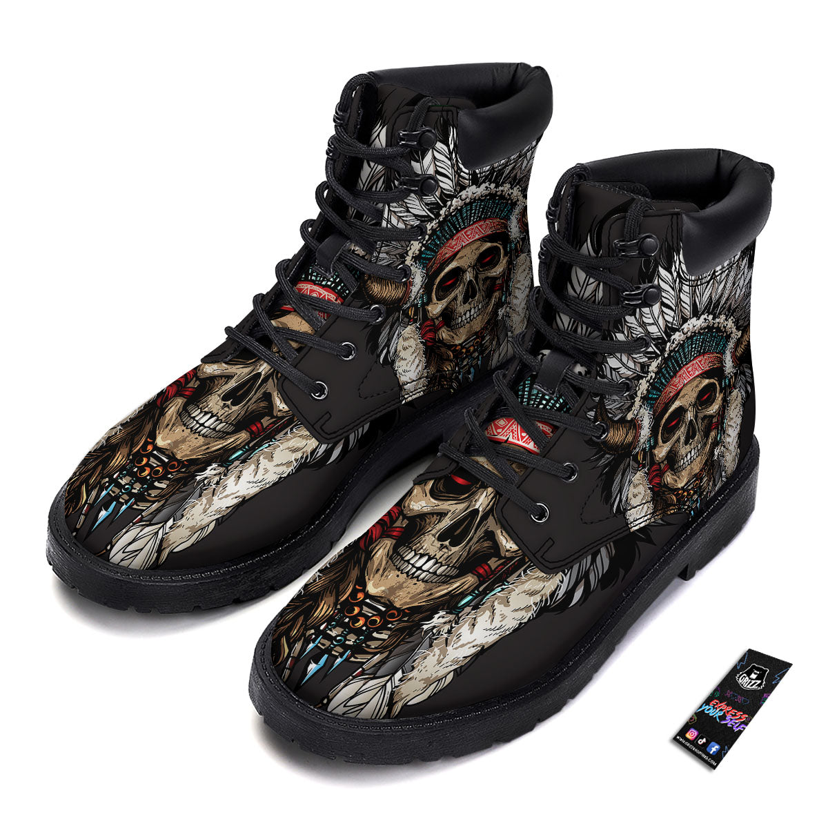 Indian Skull Native American Print Boots-grizzshop