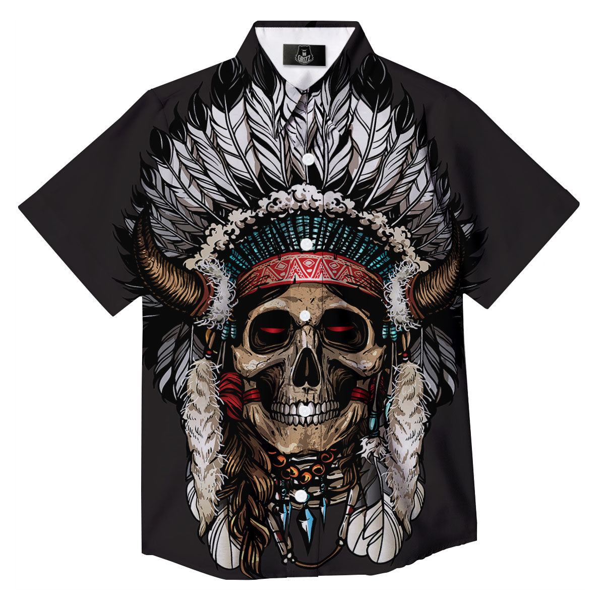 Indian Skull Native American Print Button Up Shirt-grizzshop