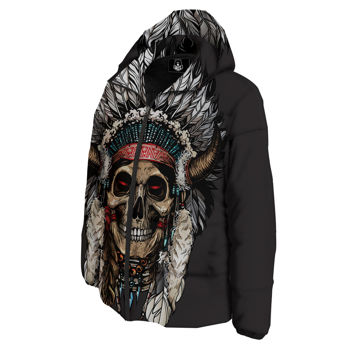 Indian Skull Native American Print Down Jacket-grizzshop