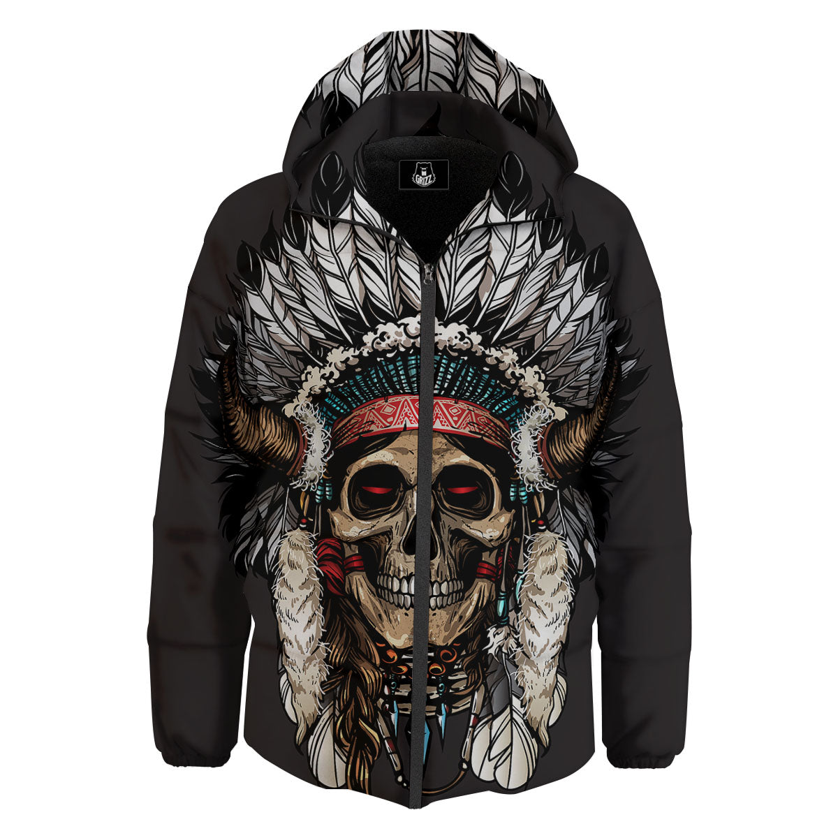 Indian Skull Native American Print Down Jacket-grizzshop