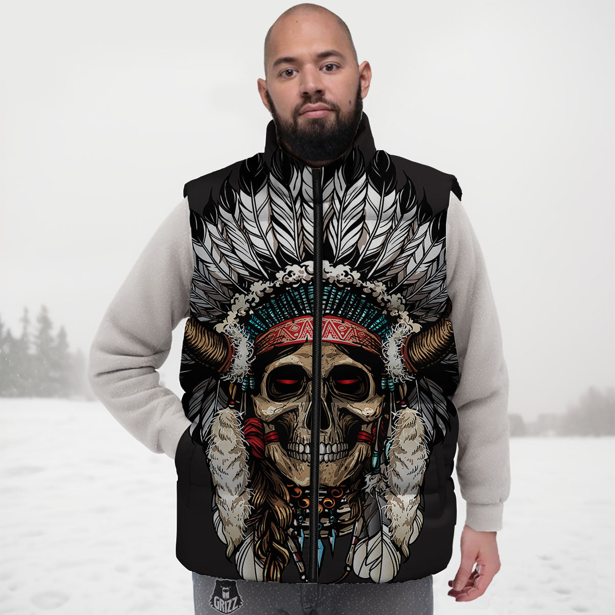 Indian Skull Native American Print Down Vest