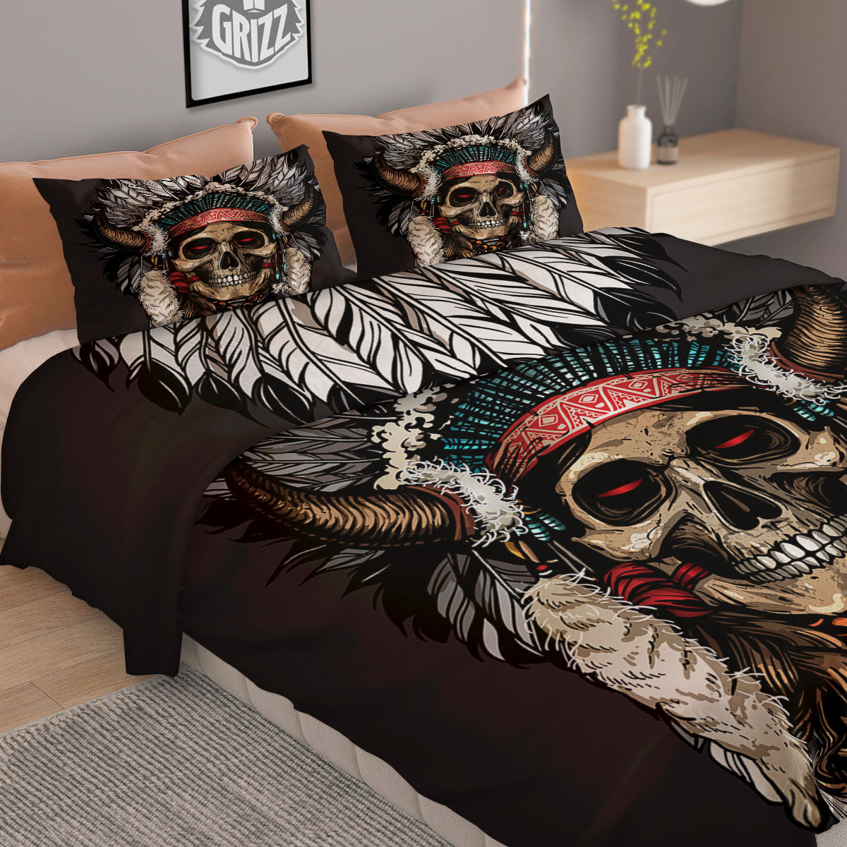 Indian Skull Native American Print Duvet Cover Bedding Set