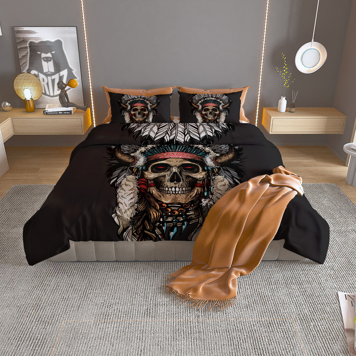 Indian Skull Native American Print Duvet Cover Bedding Set