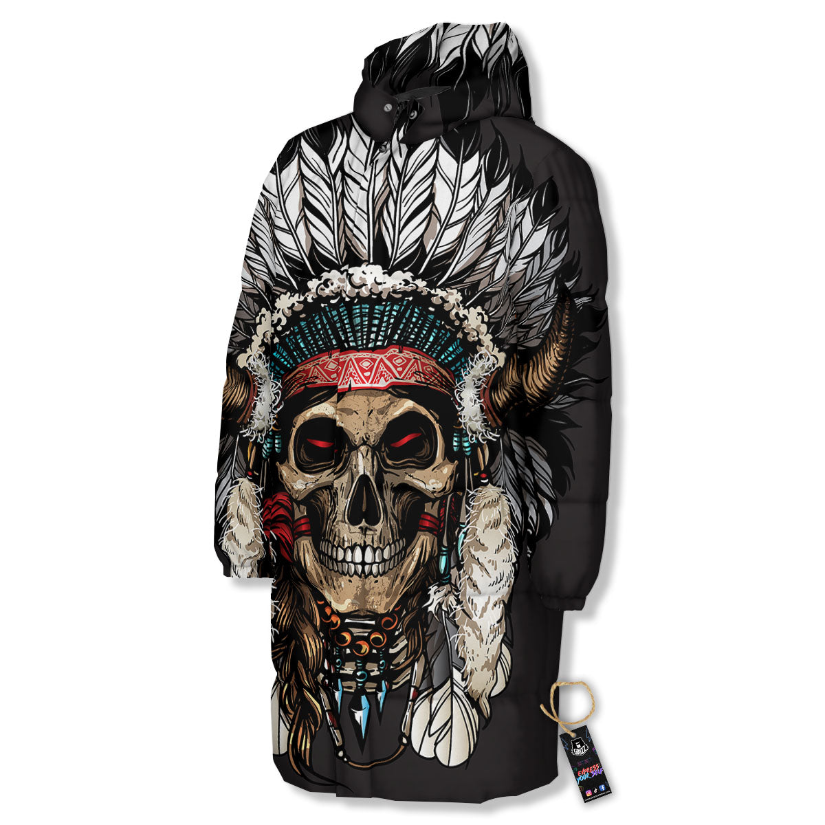 Indian Skull Native American Print Long Down Jacket-grizzshop