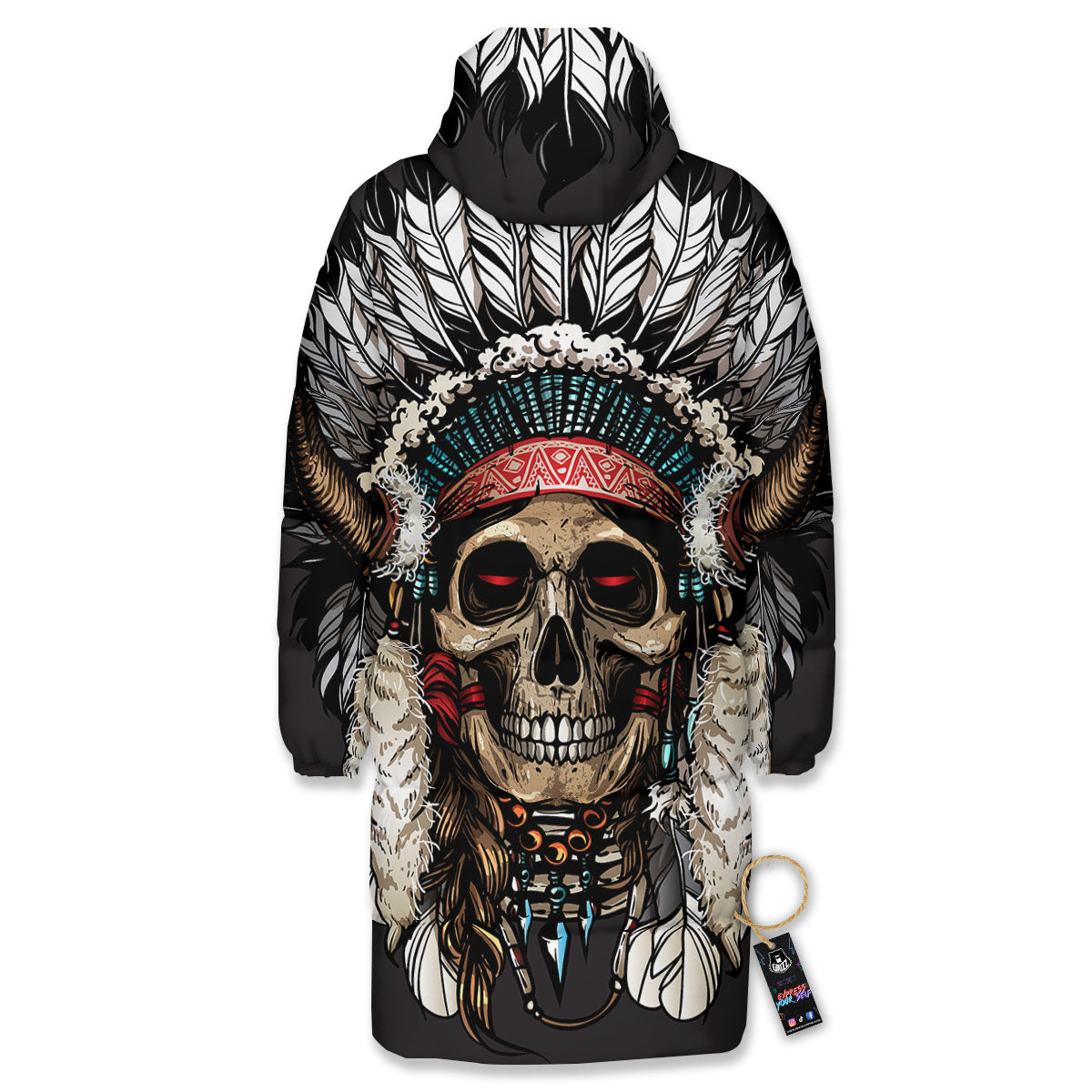 Indian Skull Native American Print Long Down Jacket-grizzshop