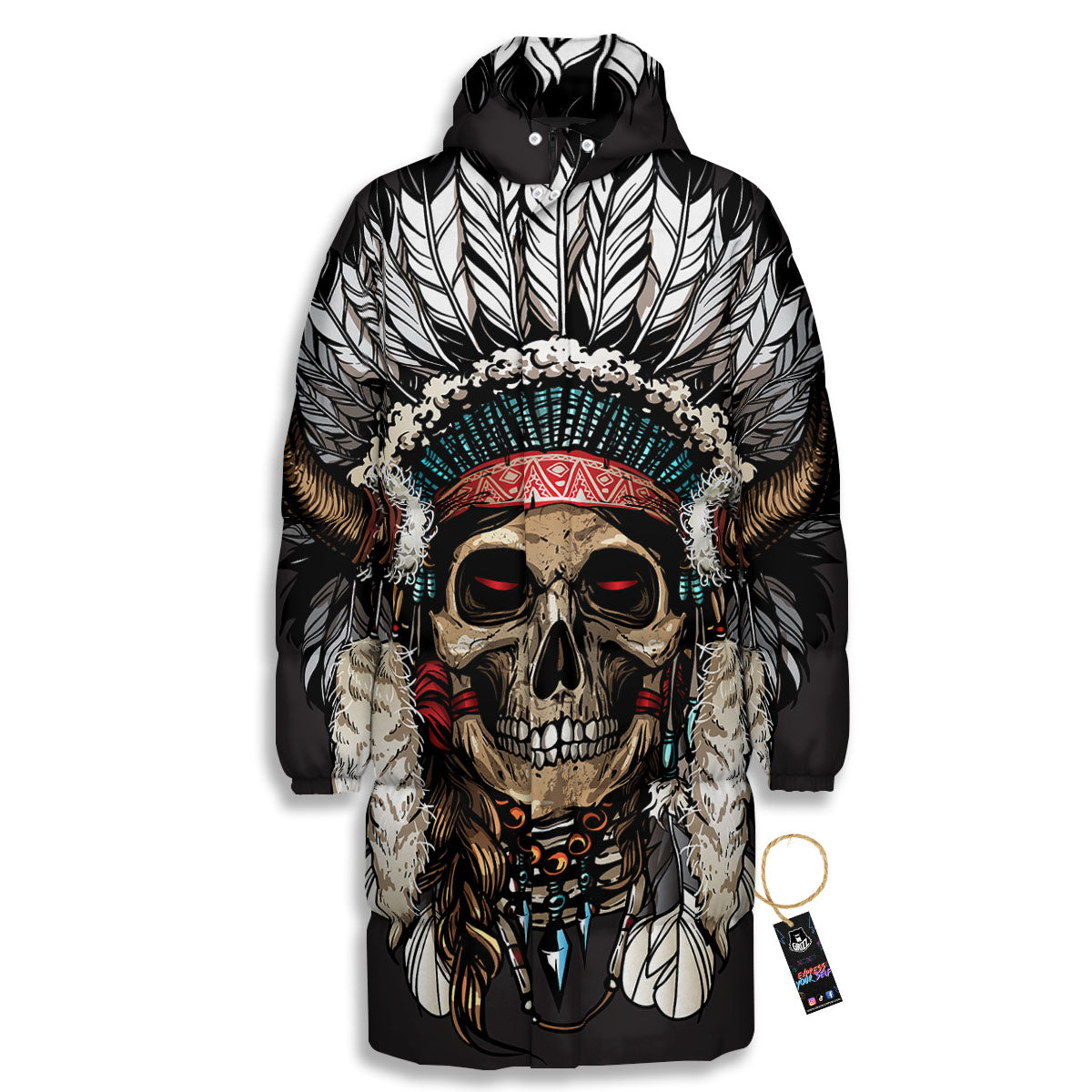 Indian Skull Native American Print Long Down Jacket-grizzshop