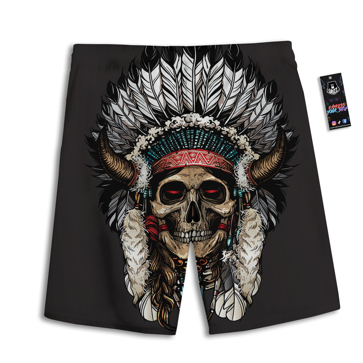 Indian Skull Native American Print Men's Athletic Shorts