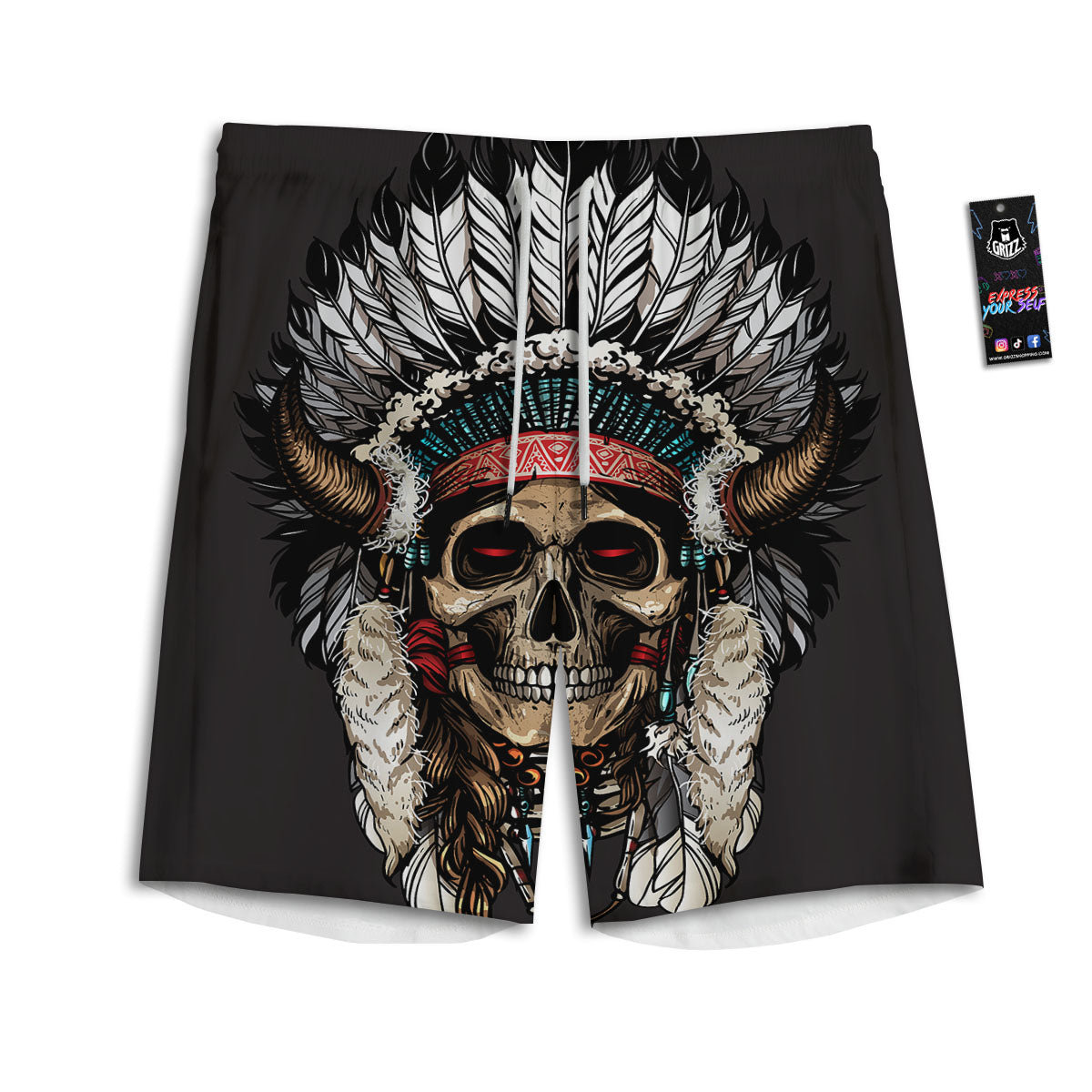 Indian Skull Native American Print Men's Athletic Shorts