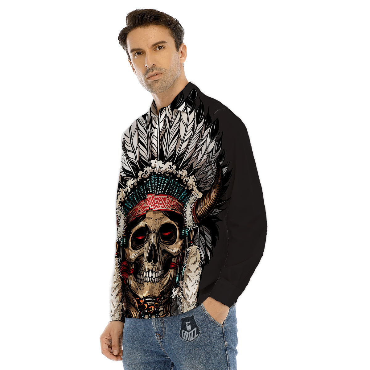 Indian Skull Native American Print Men's Dress Shirts-grizzshop