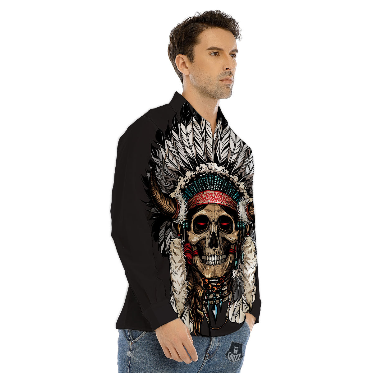 Indian Skull Native American Print Men's Dress Shirts-grizzshop
