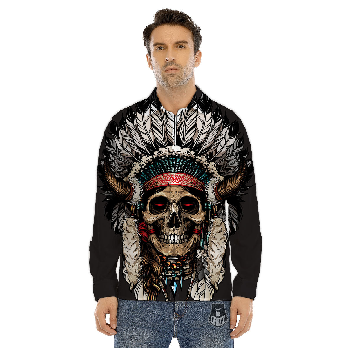 Indian Skull Native American Print Men's Dress Shirts-grizzshop