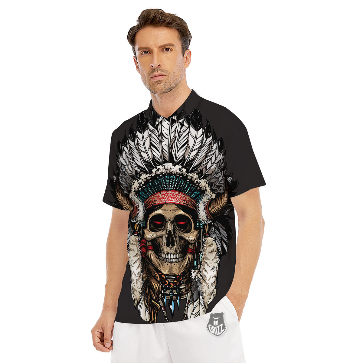 Indian Skull Native American Print Men's Golf Shirts-grizzshop