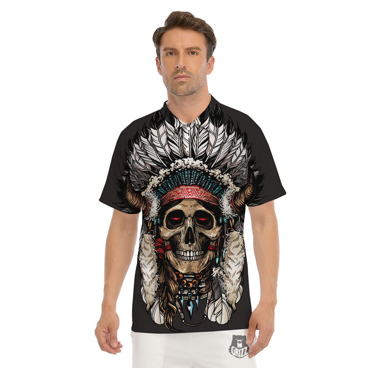 Indian Skull Native American Print Men's Golf Shirts-grizzshop