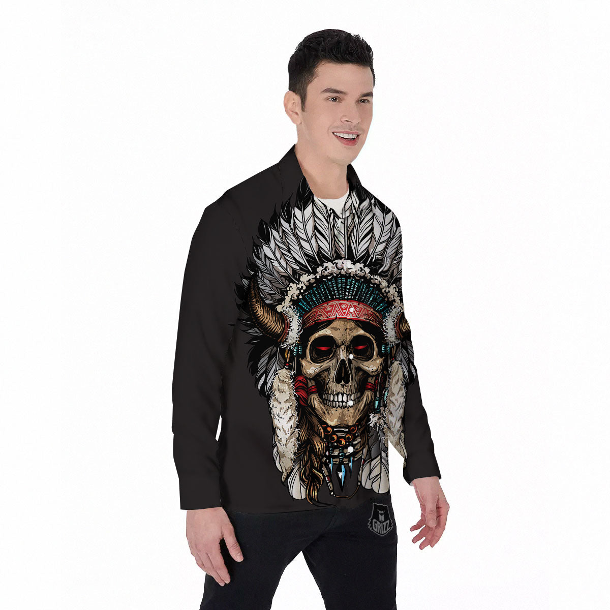 Indian Skull Native American Print Men's Long Sleeve Shirts-grizzshop