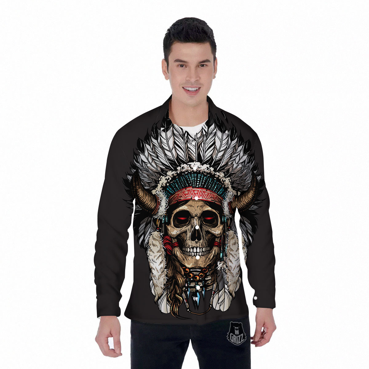 Indian Skull Native American Print Men's Long Sleeve Shirts-grizzshop