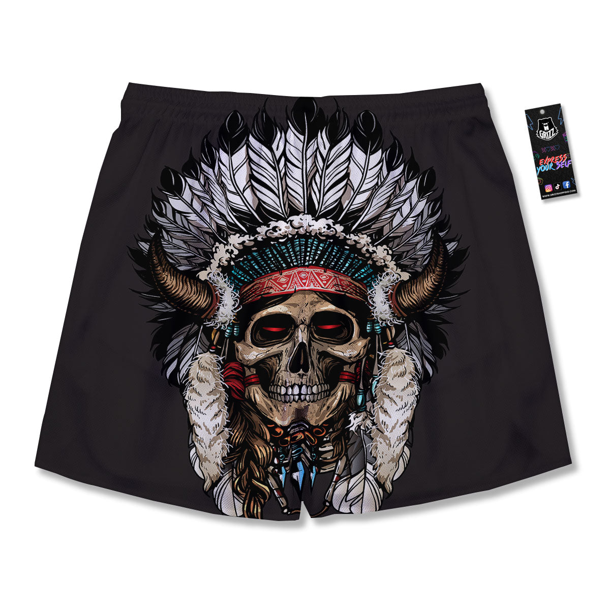 Indian Skull Native American Print Men's Running Shorts-grizzshop