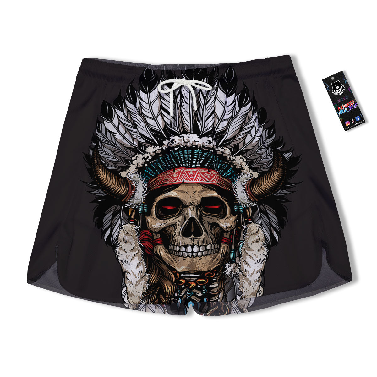 Indian Skull Native American Print Men's Running Shorts-grizzshop