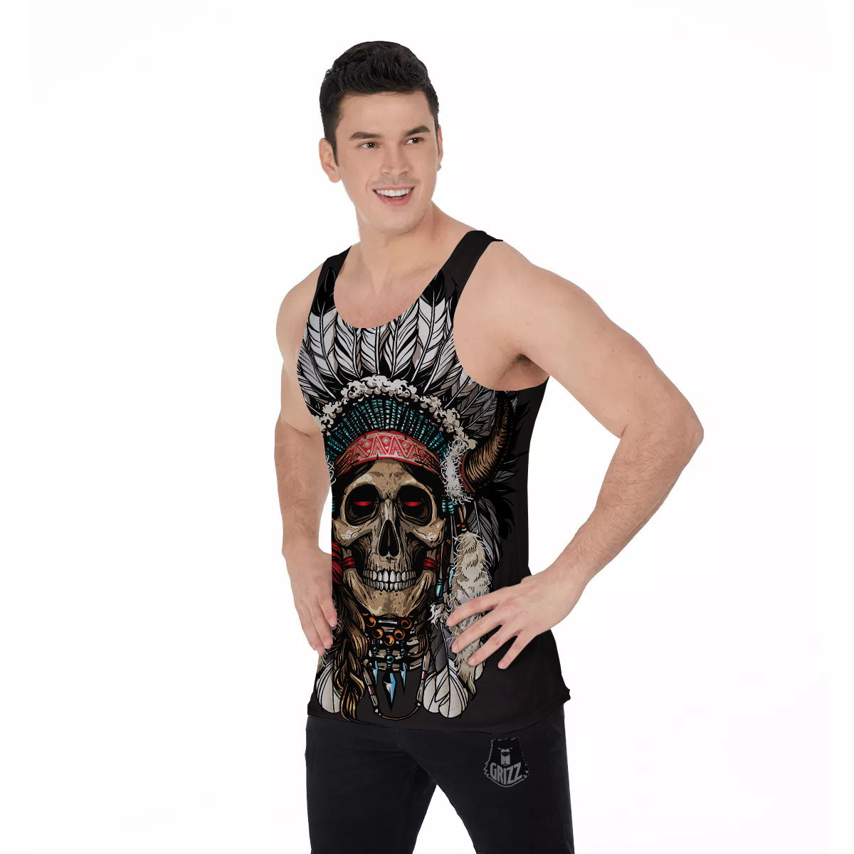 Indian Skull Native American Print Men's Tank Top-grizzshop