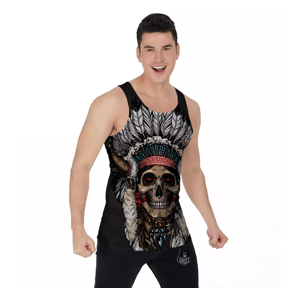 Indian Skull Native American Print Men's Tank Top-grizzshop