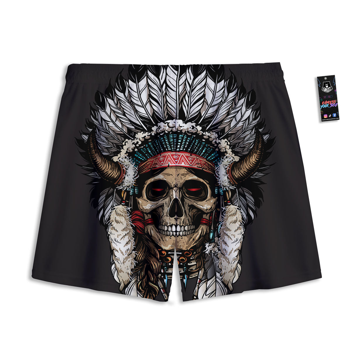 Indian Skull Native American Print Mesh Shorts