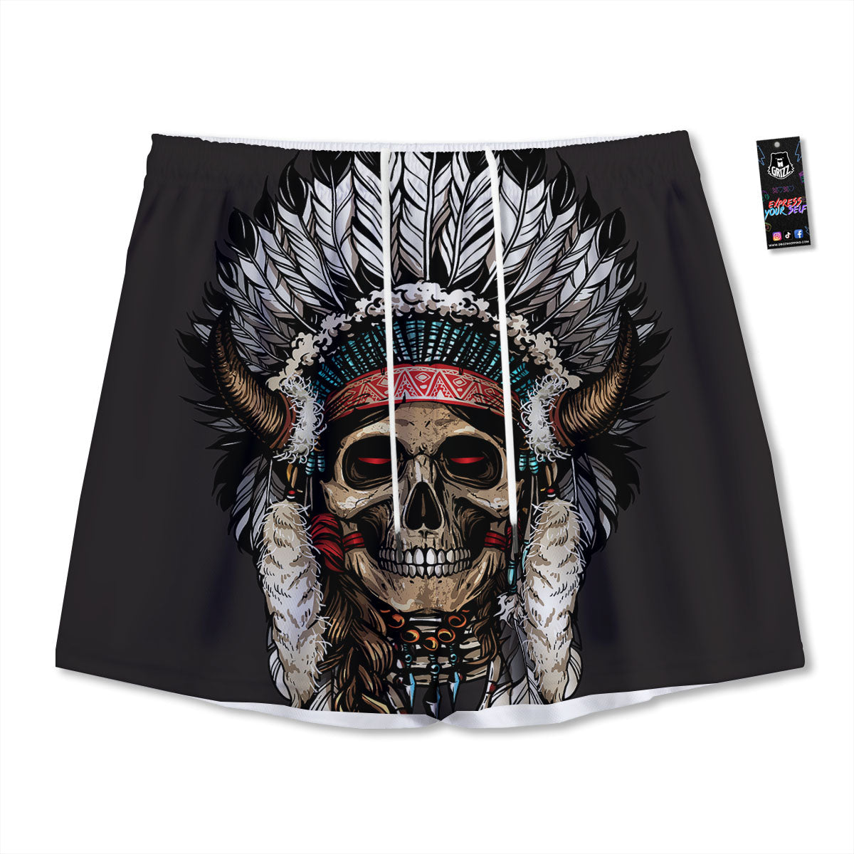 Indian Skull Native American Print Mesh Shorts