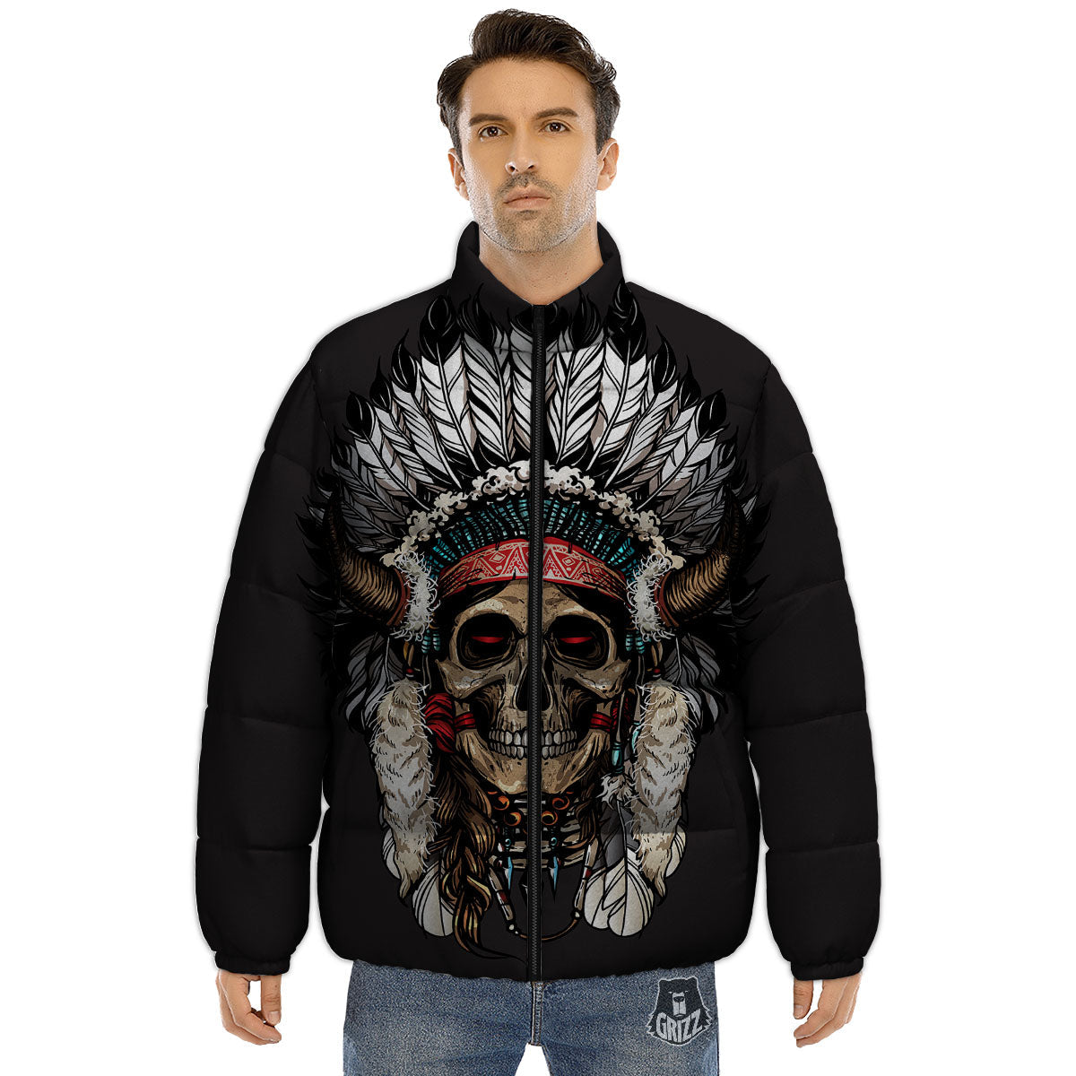 Indian Skull Native American Print Puffer Jacket-grizzshop