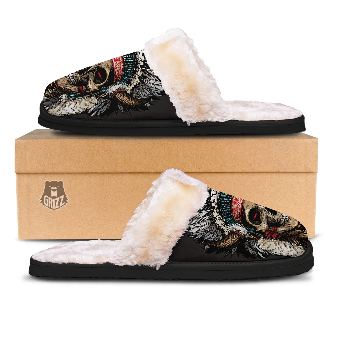 Indian Skull Native American Print Slippers-grizzshop