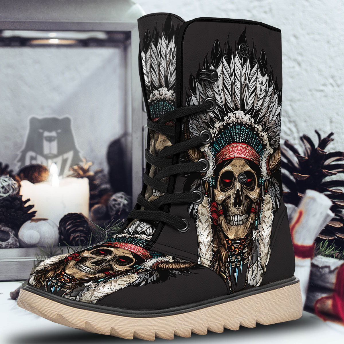 Indian Skull Native American Print Snow Boots-grizzshop