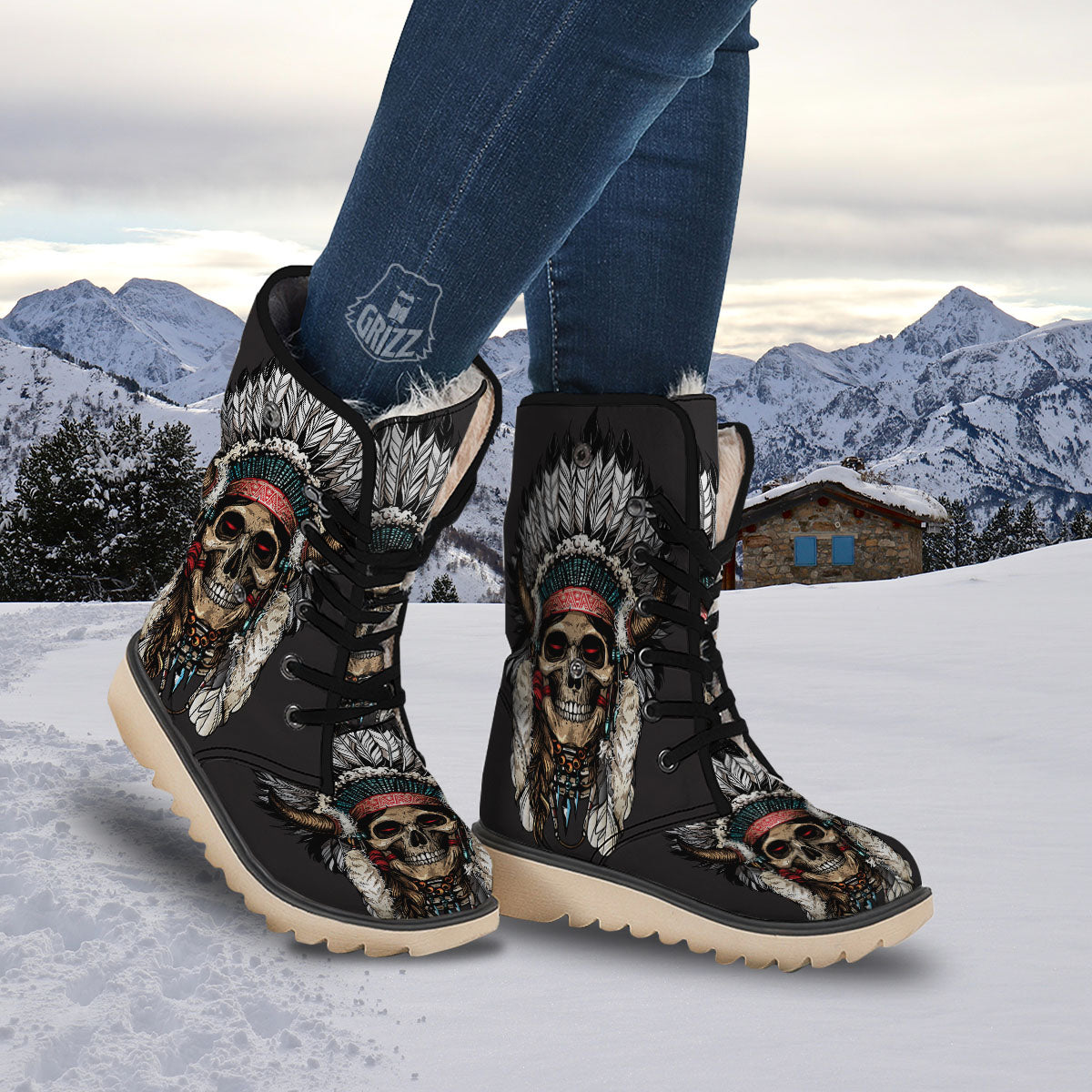 Indian Skull Native American Print Snow Boots-grizzshop