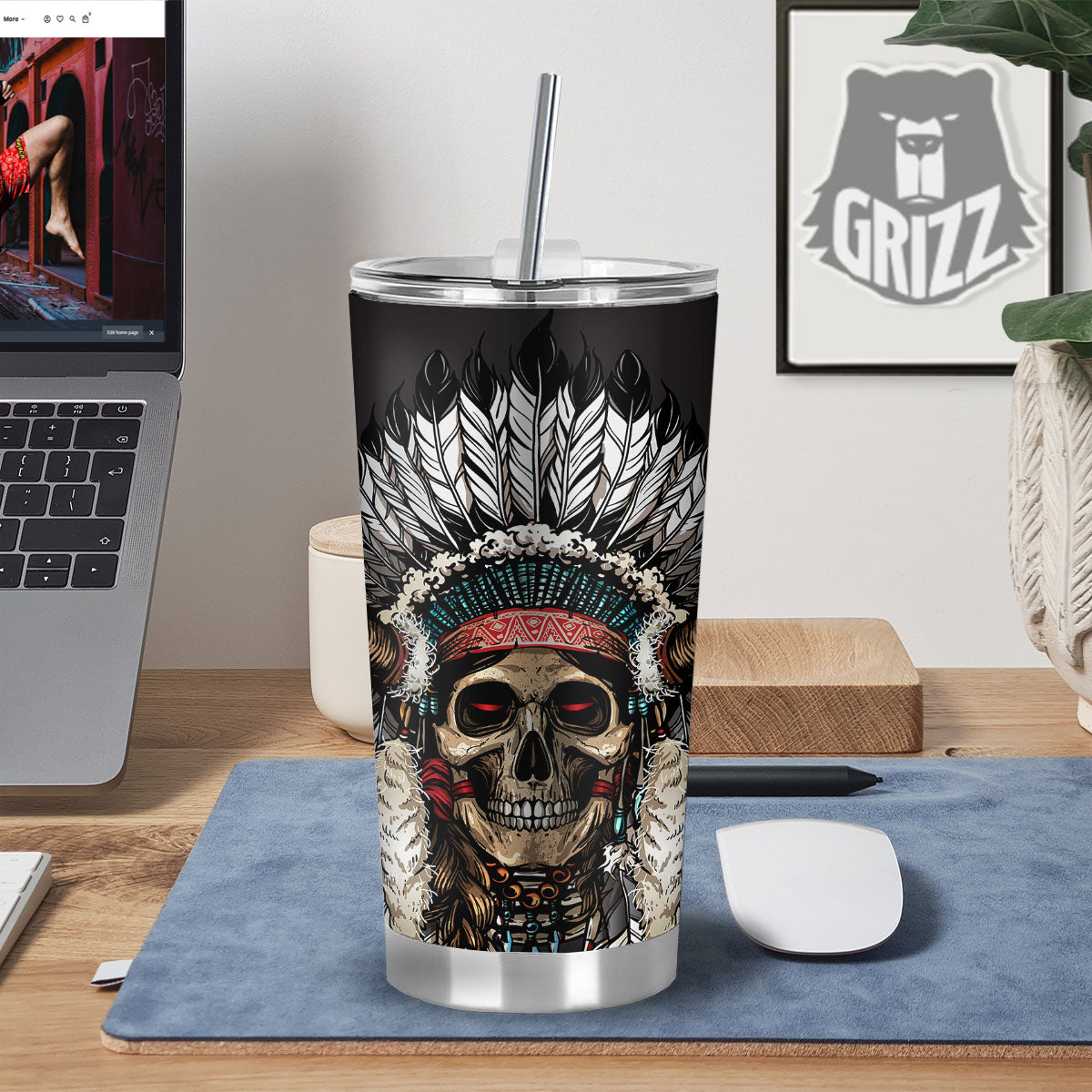 Indian Skull Native American Print Tumbler-grizzshop