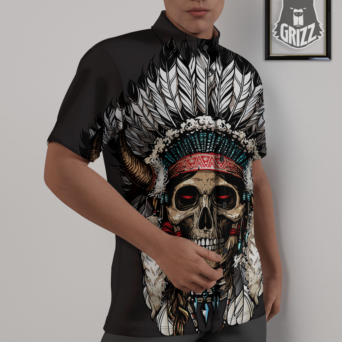 Indian Skull Native American Print Untucked Shirts-grizzshop