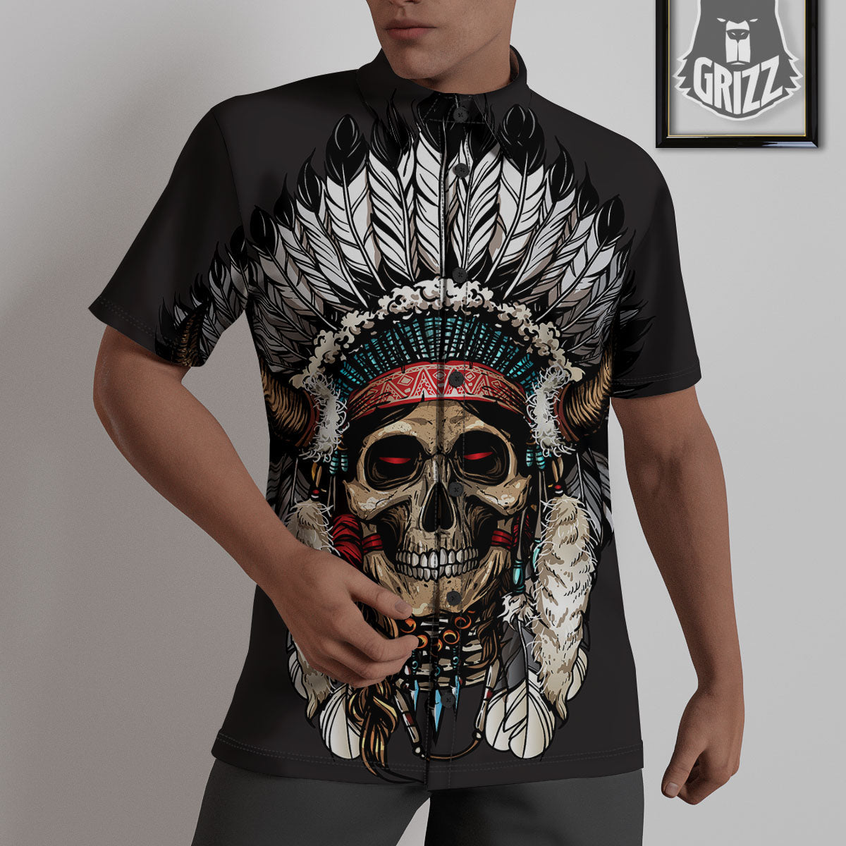 Indian Skull Native American Print Untucked Shirts-grizzshop